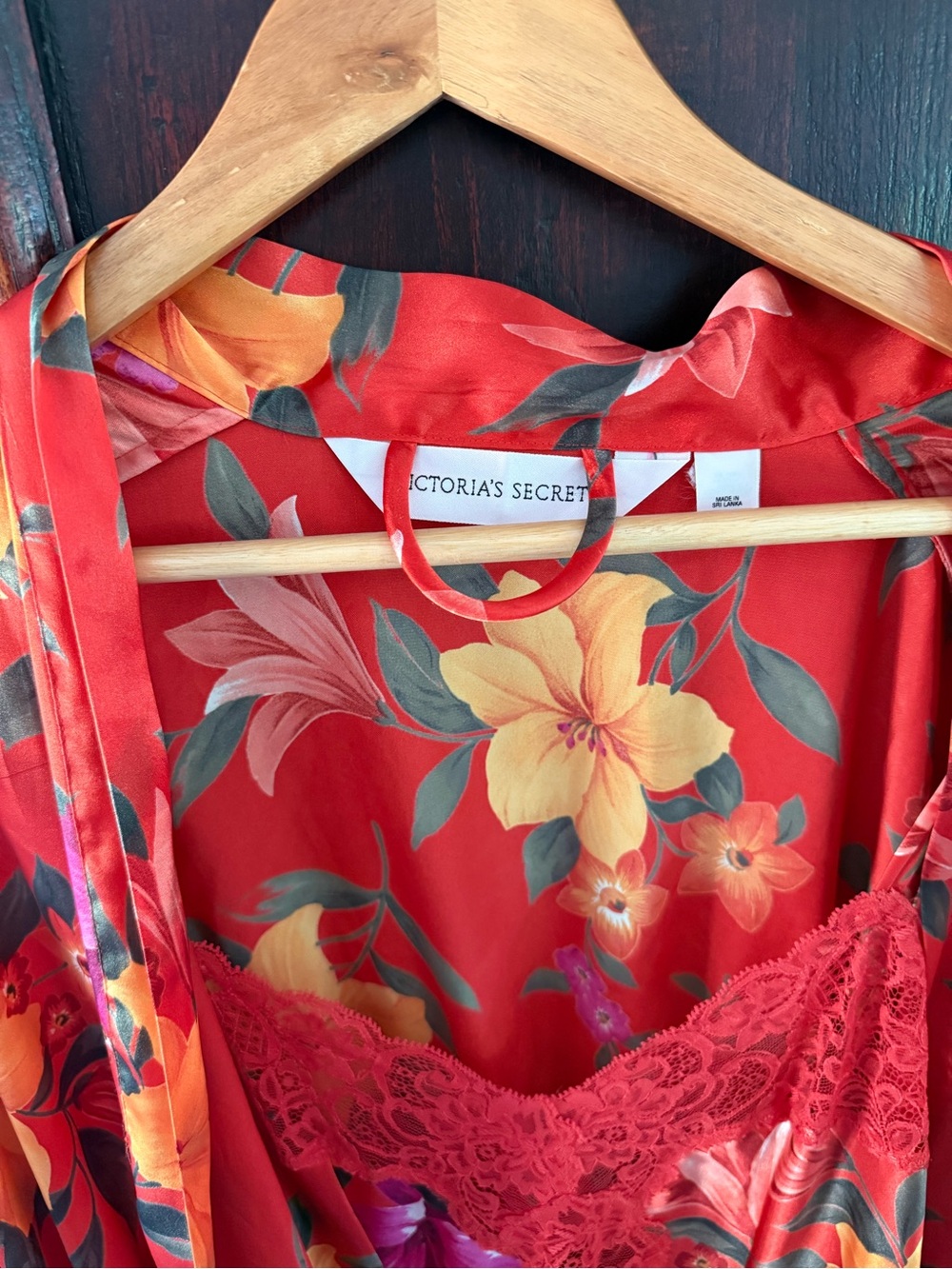 Victoria's Secret Red Floral Satin Chemise with Lace Trim and Matching Robe